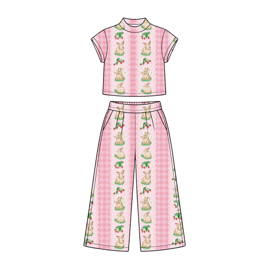 Preorder (moq 5) Baby Girl Clothes Easter Pink Lace Vertical Stripe Bunny Strawberry Print Short Sleeve Wide Leg Pant Set