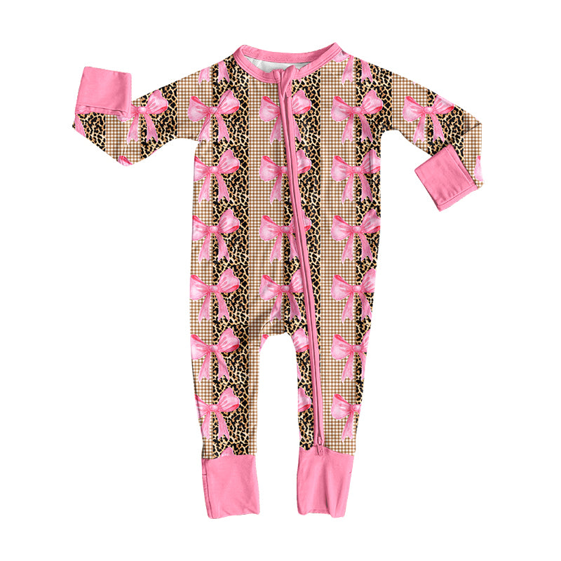 Preorder (moq 5) Baby Girl Clothes Leopard Gingham Pink Bow Mixed Print Long Sleeve Zipper Romper