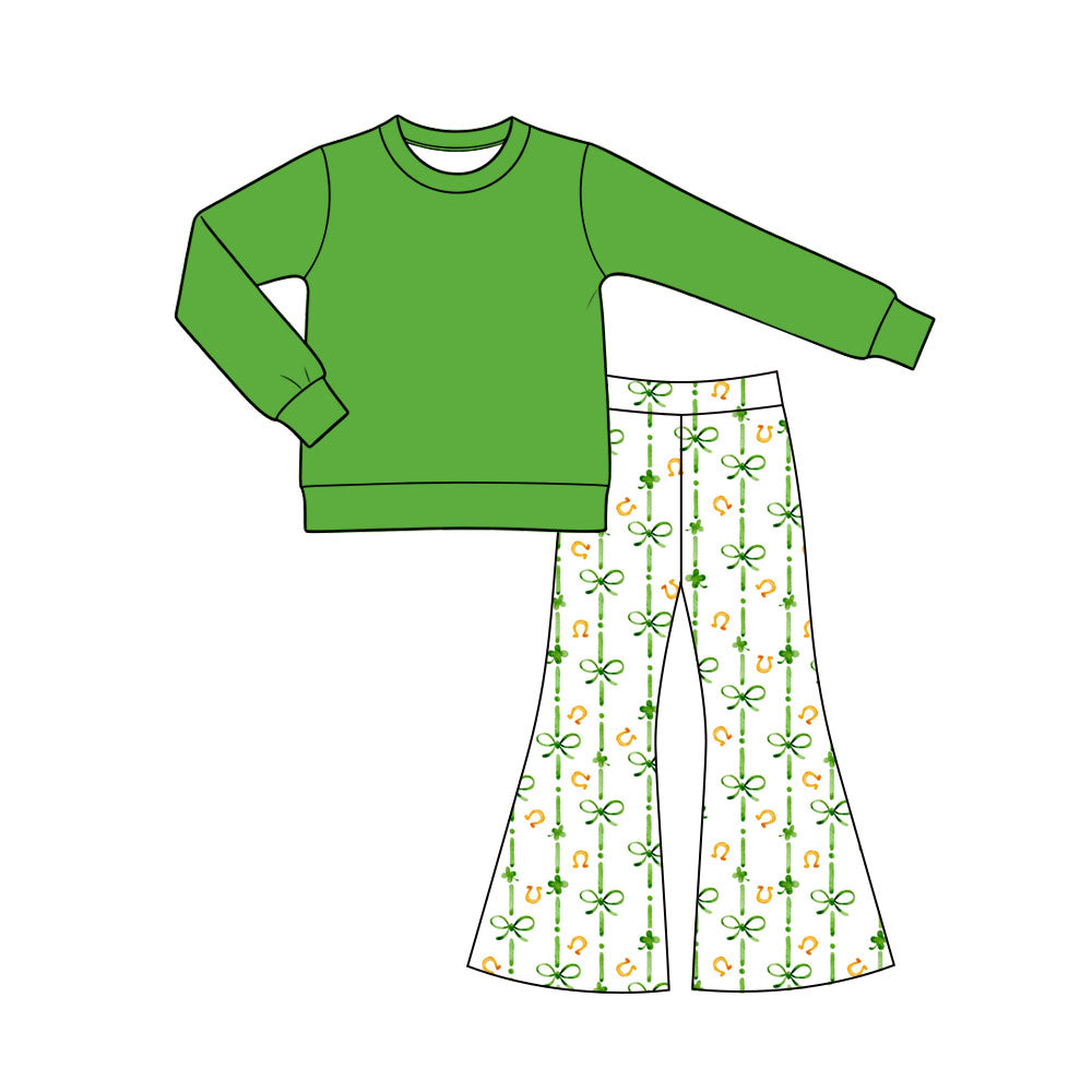 Preorder (moq 5) Baby Girl Clothes St Patricks Day Mini Clover Bow Watercolor Stripe Print Long Sleeve Flare Pant Set