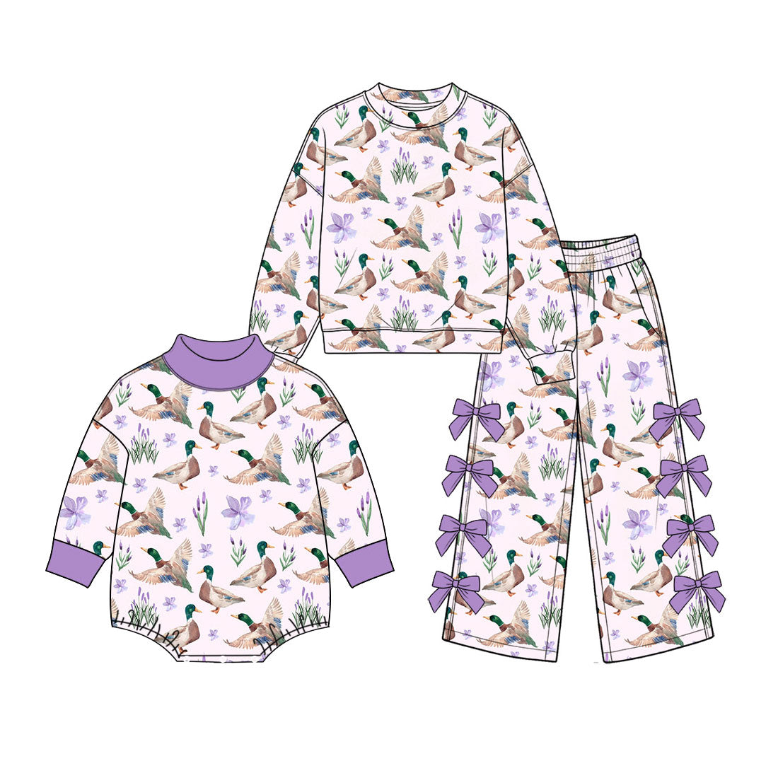 Preorder (moq 5) Baby Girl Clothes Purple Iris Mallard Duck Print Long Sleeve Top Bow Flare Pant Set