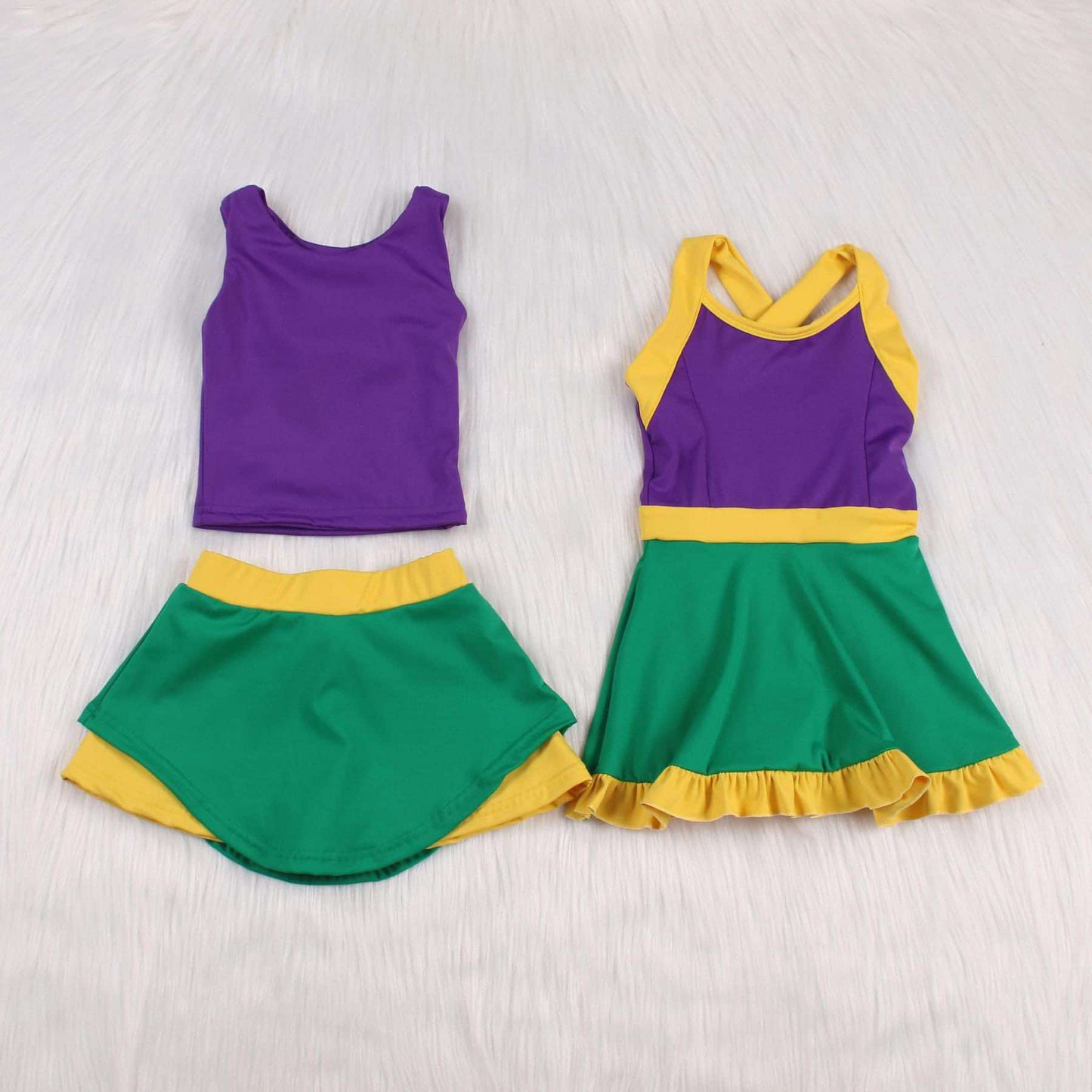 GSD1432 RTS  Mardi Gras colored athletic skirt setsMardi Gras short sleeves girl skirt OUTFIT 202411