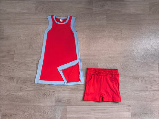 Custom MOQ5 Women adult Women's Red Blue Side Trim Tank & Shorts Set – Sleeveless Sporty Two Piece Outfit