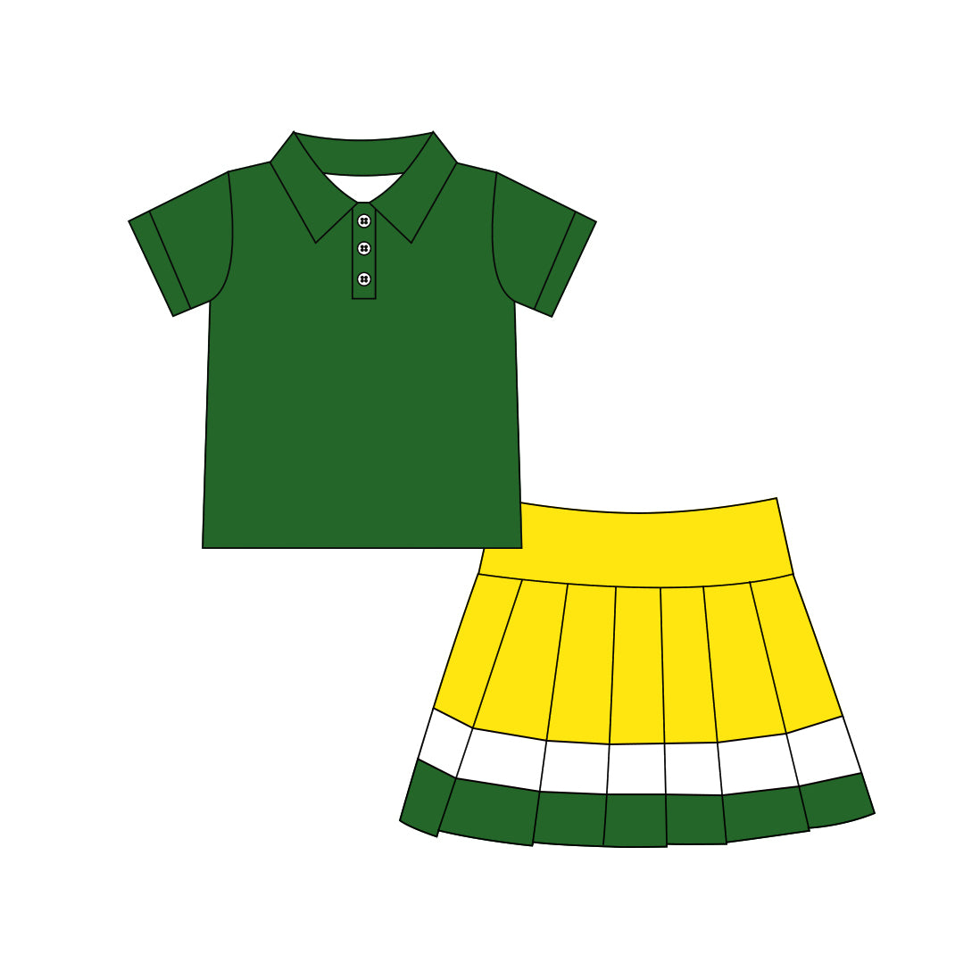 GSD4261  Green Yellow Skort Set  Yoga polo westen skirt Girls Green Polo Color Block Pleated Skirt Set 202627
