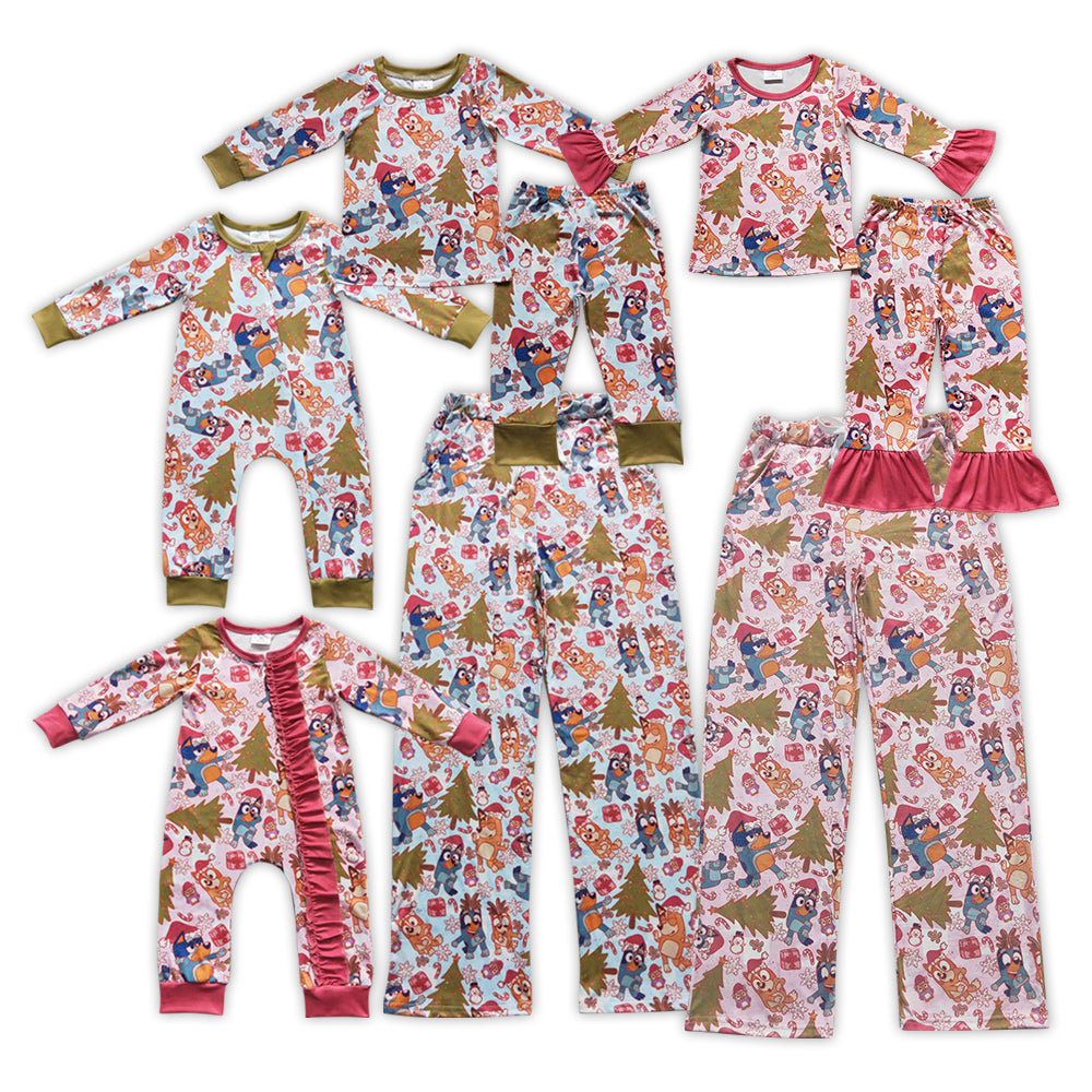 NO MOQ RTS GLP0622 (2) Baby Girl Clothes Christmas Cartoon Dog Mixed Print Long Sleeve Flare Pant Pajama Set 202610