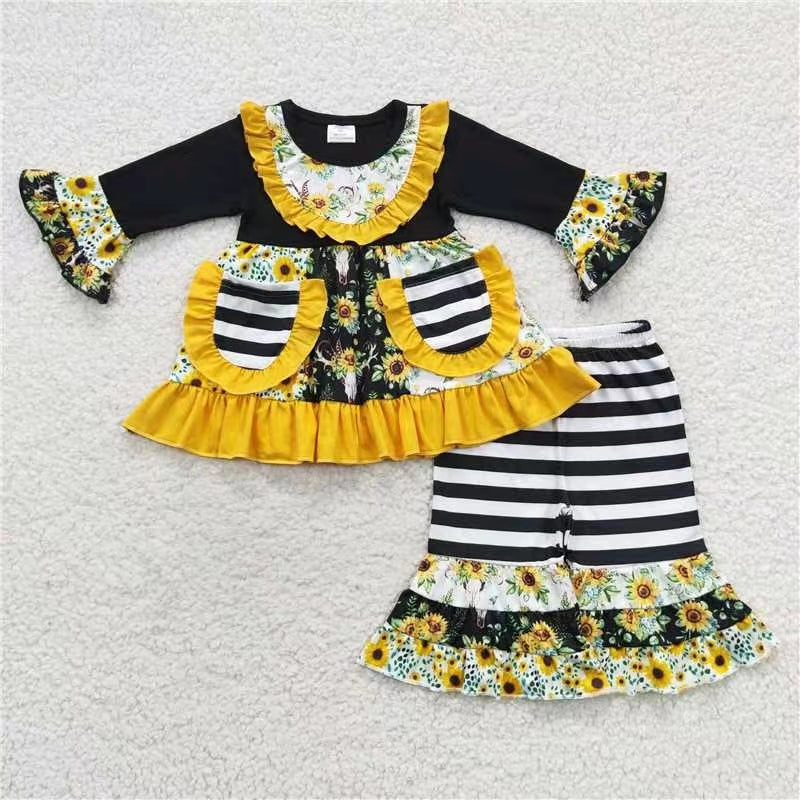 6 A27-26 girl tunic sunflower stripe pocket lace black long sleeve pant outfit 20230819 RTS