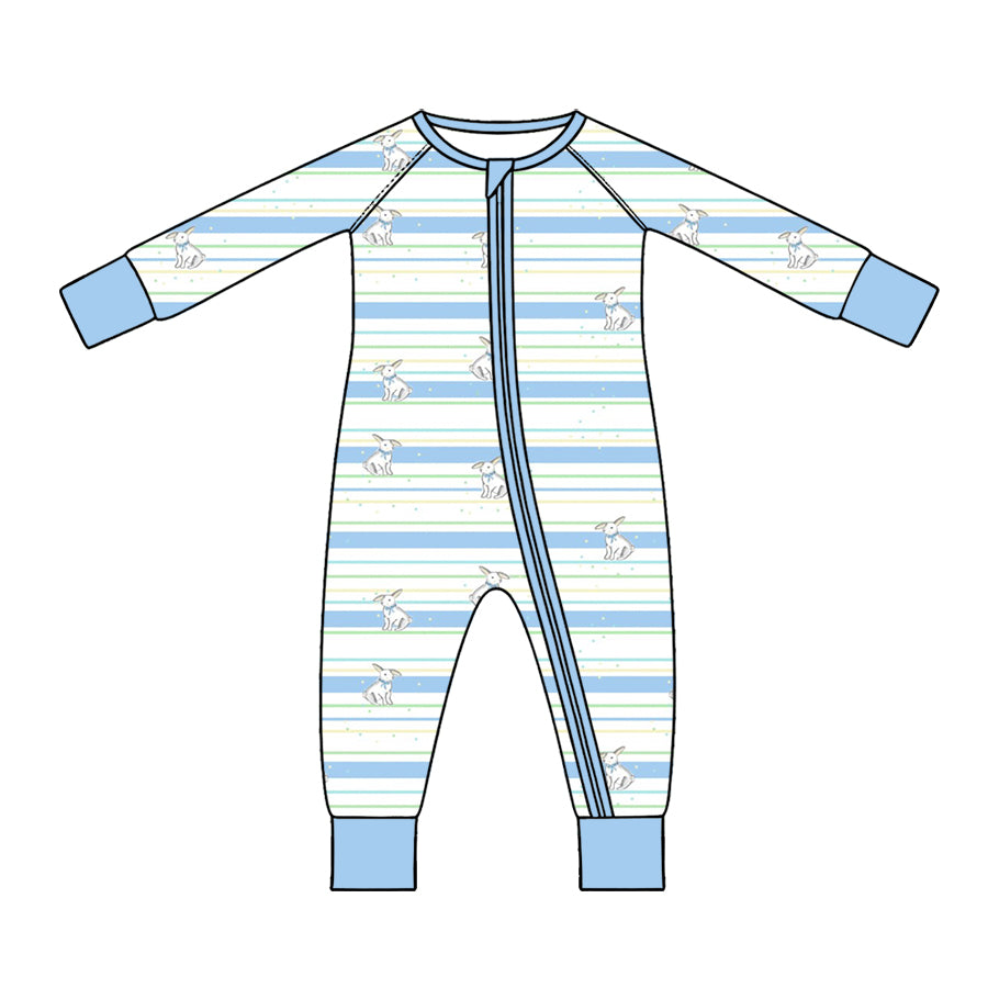 Preorder (moq 5) Baby Boy Clothes Easter Bunny Blue Stripe Print Zipper Romper