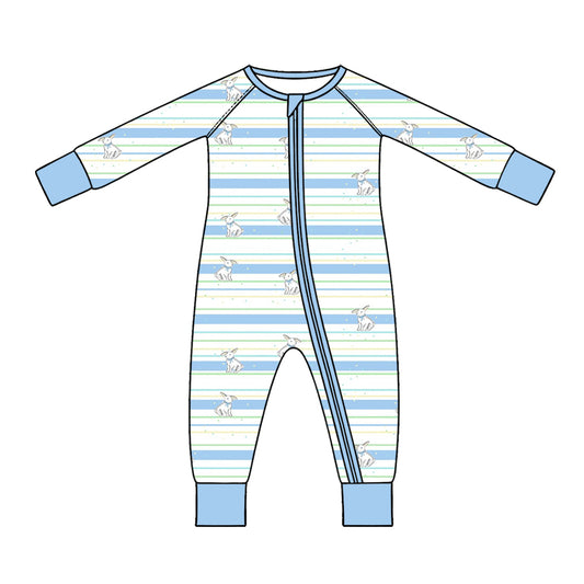 Preorder (moq 5) Baby Boy Clothes Easter Bunny Blue Stripe Print Zipper Romper