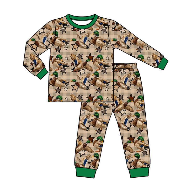 Preorder (moq 5) Baby Girl Clothes Hunting Duck Star Gingham Print Long Sleeve Pajama Set
