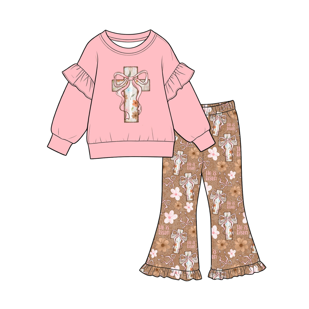 Preorder (moq 5) Baby Girl Clothes Cross Bow Floral Mixed Print Long Sleeve Ruffle Flare Pant Outfit Set