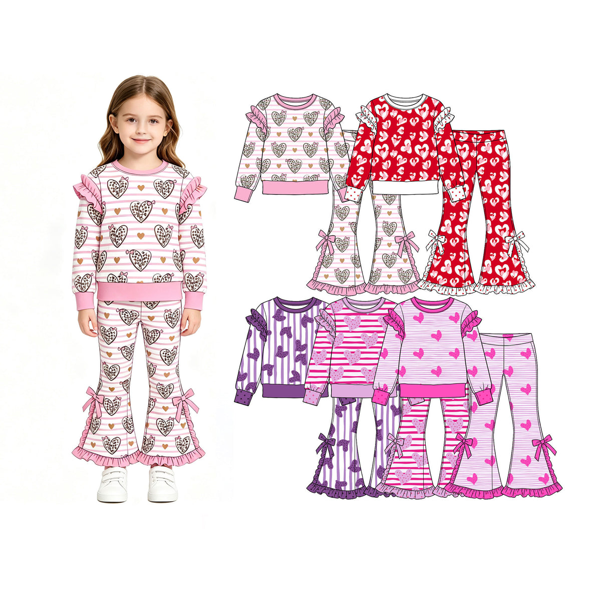 Preorder (moq 5) Baby Girl Clothes Pink Striped Leopard Heart Print Long Sleeve Ruffle Top Bow Ruffle Flare Pant Set