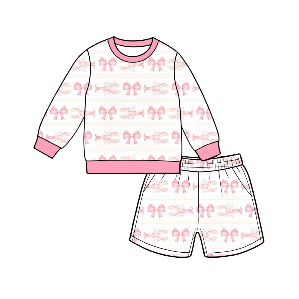 Preorder (moq 5) Baby Girl Clothes Pink Bow Lobster Stripe Print Long Sleeve Top Shorts Set