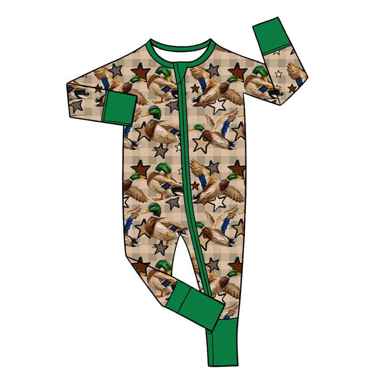 Preorder (moq 5) Baby Boy Clothes Hunting Duck Star Gingham Print Long Sleeve Zipper Romper