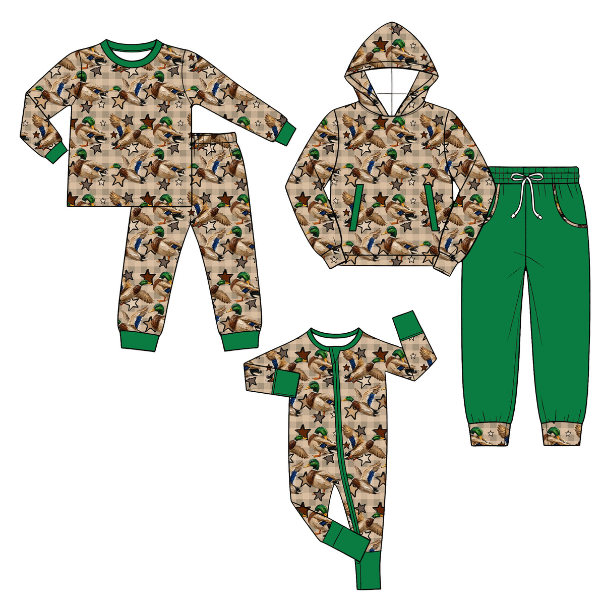 Preorder (moq 5) Baby Boy Clothes Hunting Duck Star Gingham Print Long Sleeve Zipper Romper