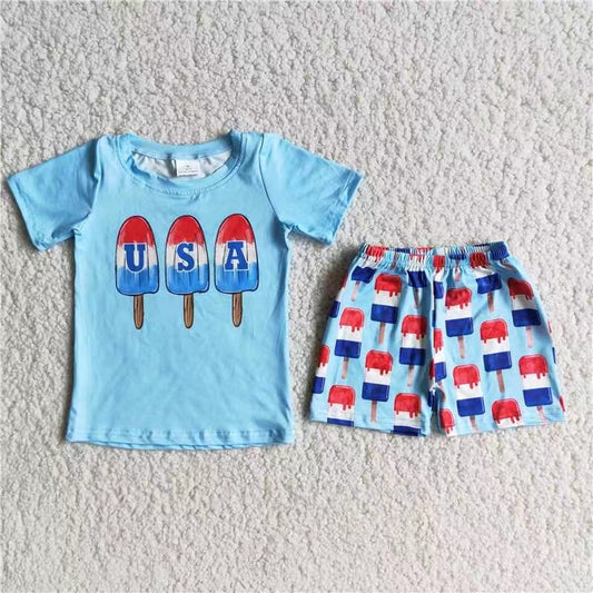 promotion D7-15 4th july blue ice popsicle print top shorts girl outfits RTS