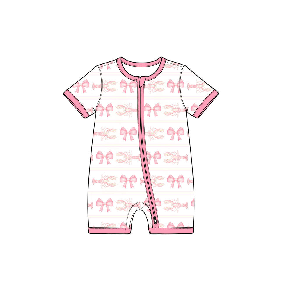 Preorder (moq 5) Baby Girl Clothes Pink Bow Lobster Stripe Print Short Sleeve Zipper Romper