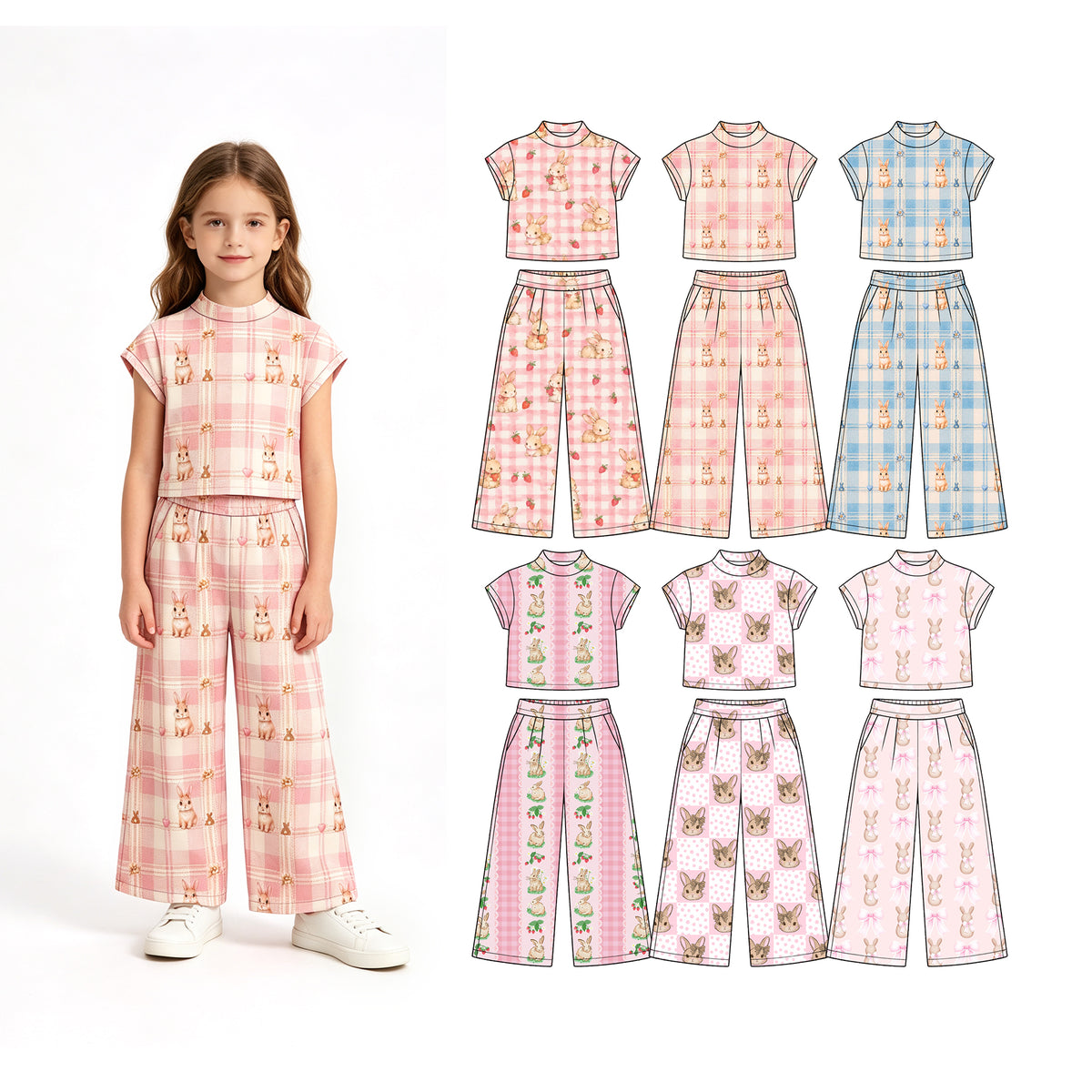 Preorder (moq 5) Baby Girl Clothes Easter Pink Plaid Bunny Heart Daisy Sweet Print Short Sleeve Wide Leg Pant Set