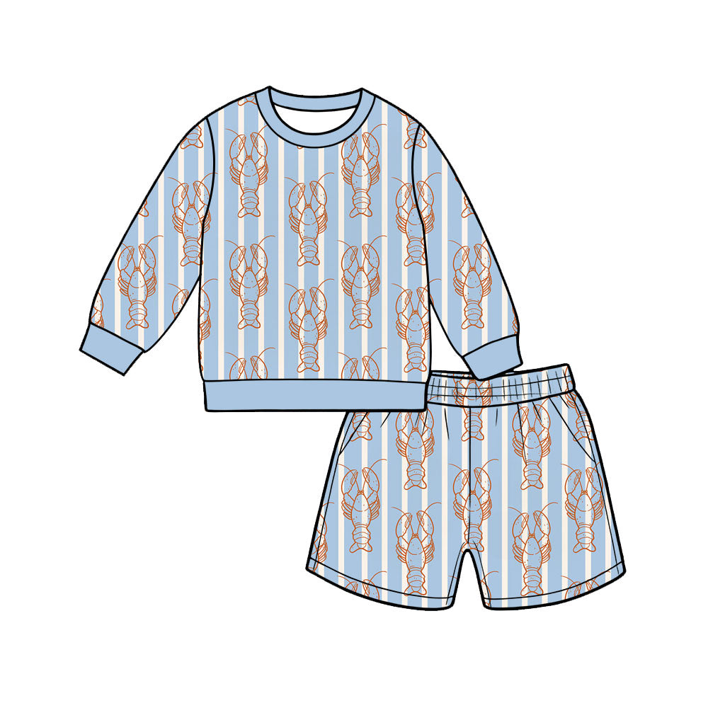 Preorder (moq 5) Baby Boy Clothes Blue Stripe Lobster Print Long Sleeve Top Shorts Set
