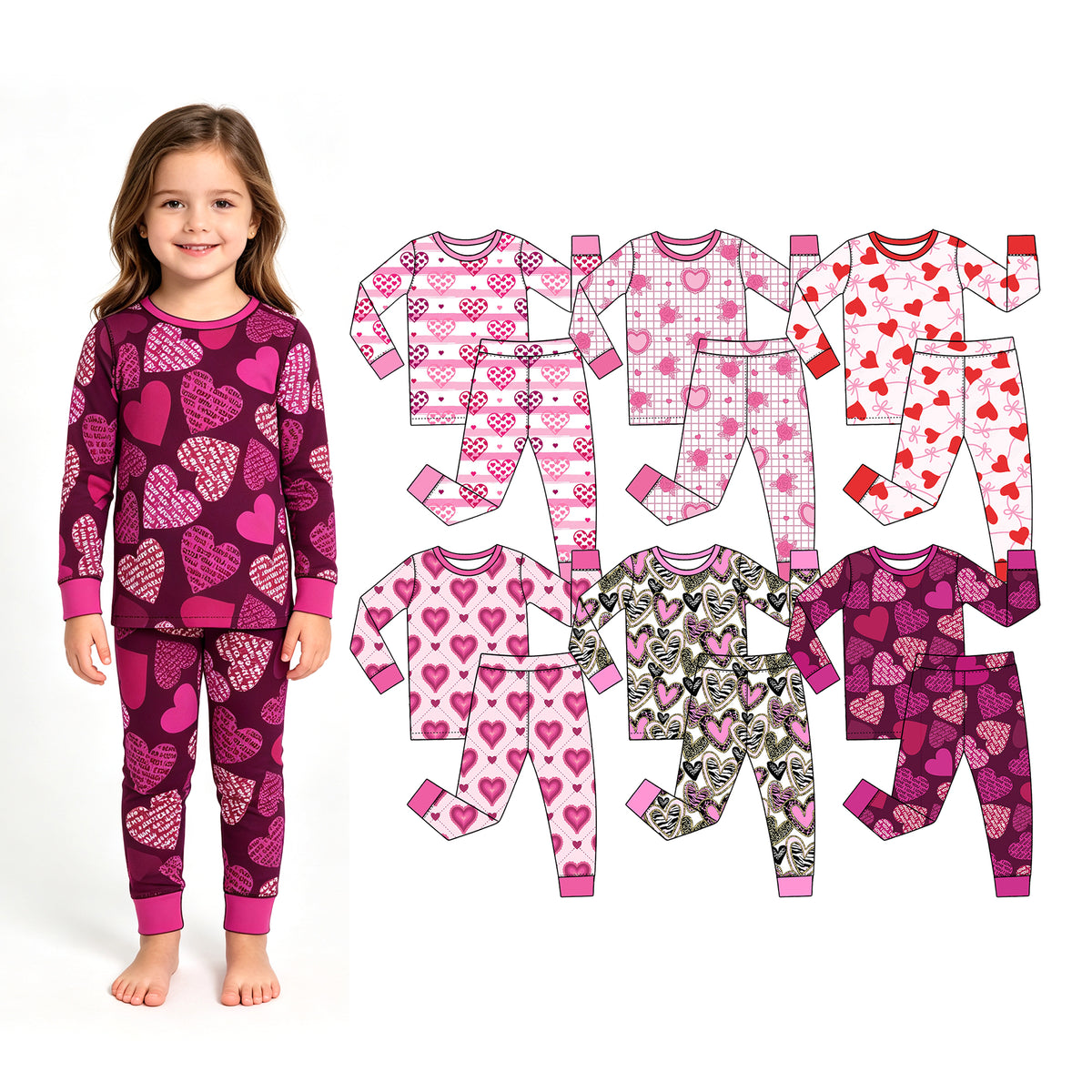 Preorder (moq 5) Baby Girl Clothes Valentine Grid Rose Heart Print Long Sleeve Pajama Set