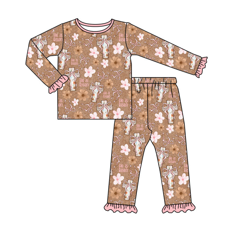 Preorder (moq 5) Baby Girl Clothes He Is Risen Cross Floral Allover Print Long Sleeve Ruffle Cuff Pajama Set