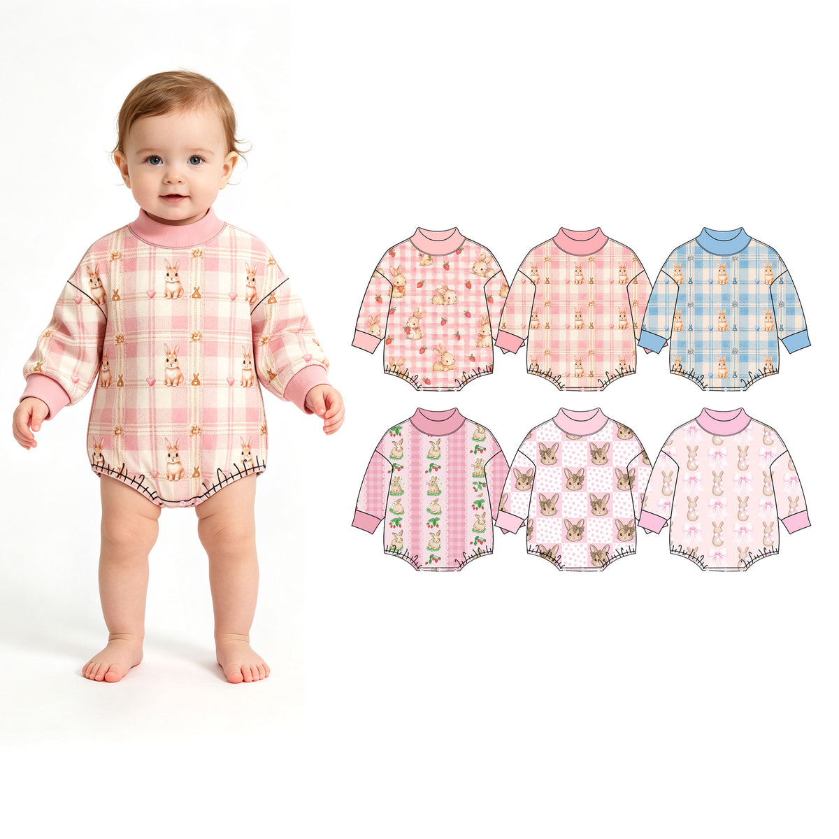 Preorder (moq 5) Baby Girl Clothes Easter Bow Bunny Pink Polka Dot Check Print Long Sleeve Mock Neck Bubble Romper