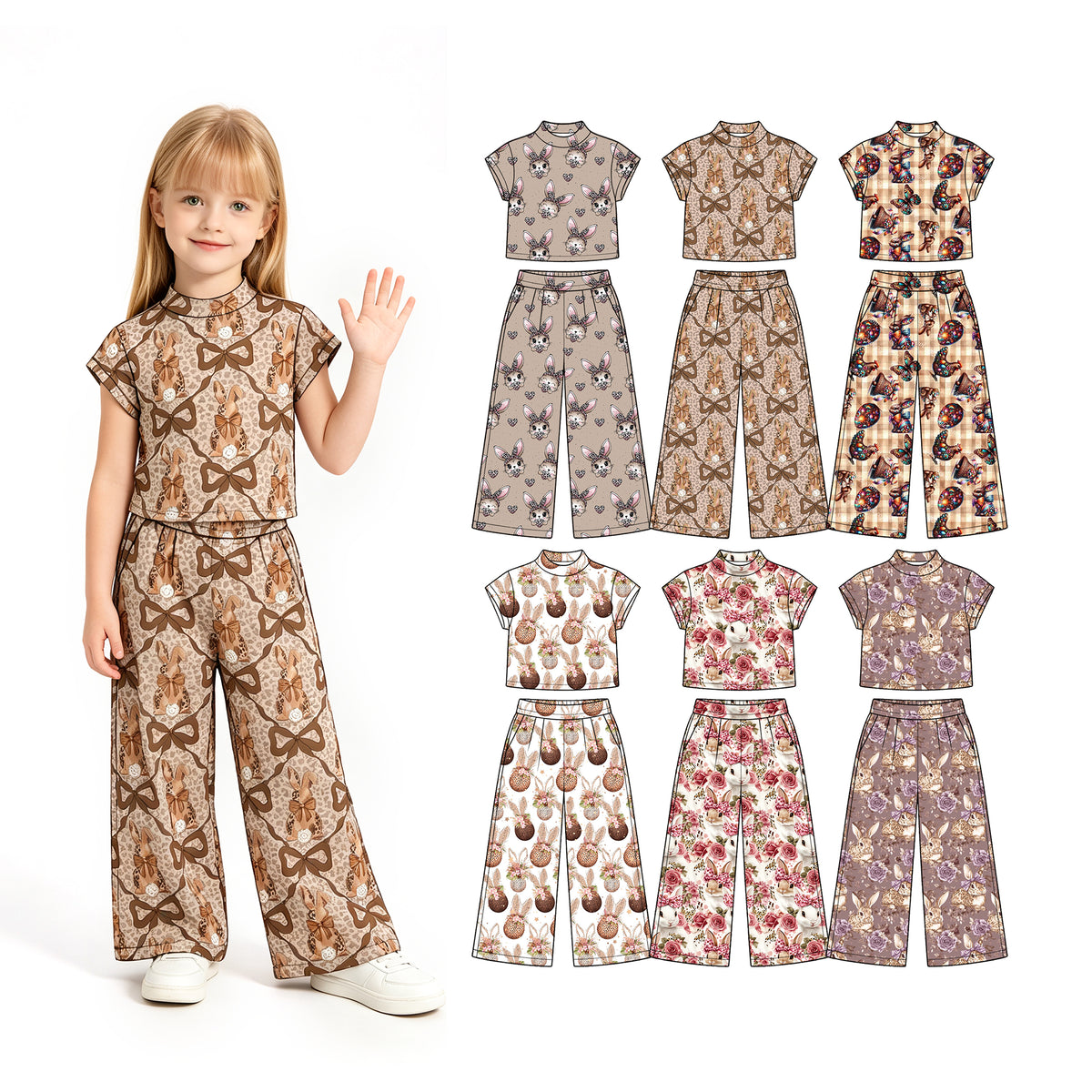 Preorder (moq 5) Baby Girl Clothes Easter Floral Glitter Easter Egg Bunny Print Short Sleeve Wide Leg Pant Set