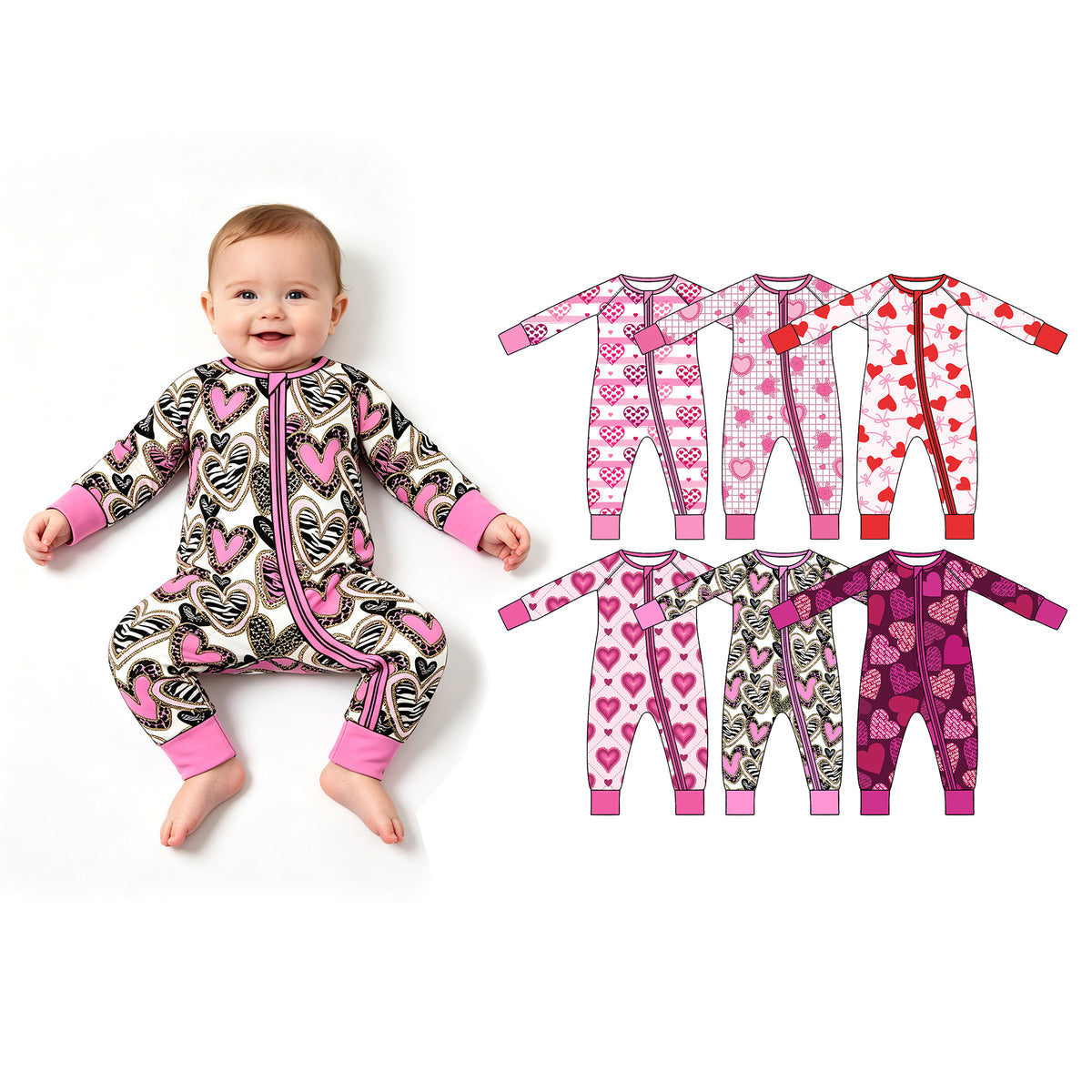 Preorder (moq 5) Baby Girl Clothes Valentine I Love You Text Heart Allover Print Long Sleeve Zipper Jumpsuit