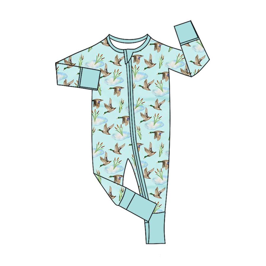Preorder (moq 5) Baby Boy Clothes Light Blue Flying Duck Watercolor Print Long Sleeve Zipper Romper Jumpsuit