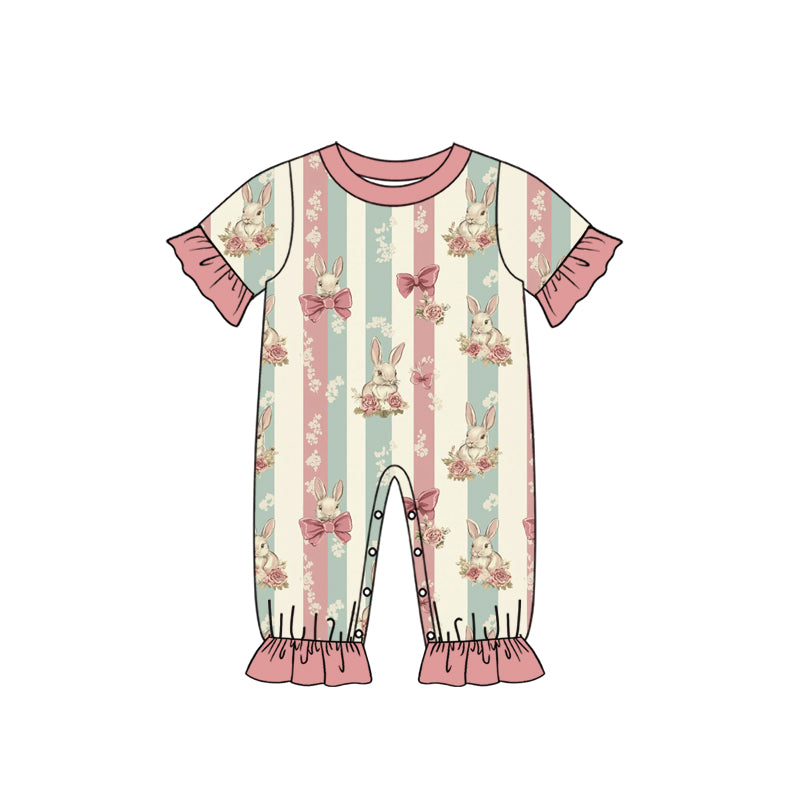 Preorder (moq 5) Baby Girl Clothes Striped Floral Bunny Bow Allover Print Short Sleeve Ruffle Romper Jumpsuit