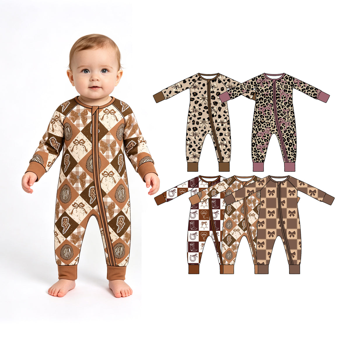 Preorder (moq 5) Baby Girl Clothes Classic Leopard White Bow Print Long Sleeve Zipper Romper