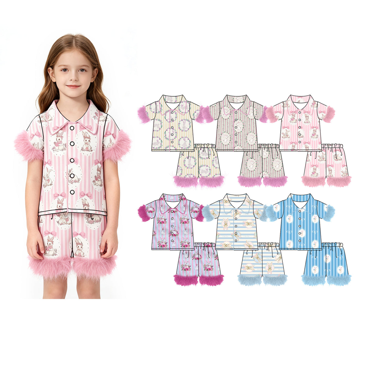 Preorder (moq 5) Baby Girl Clothes Easter Bunny Floral Wreath Stripe Print Feather Trim Short Sleeve Pajama Set