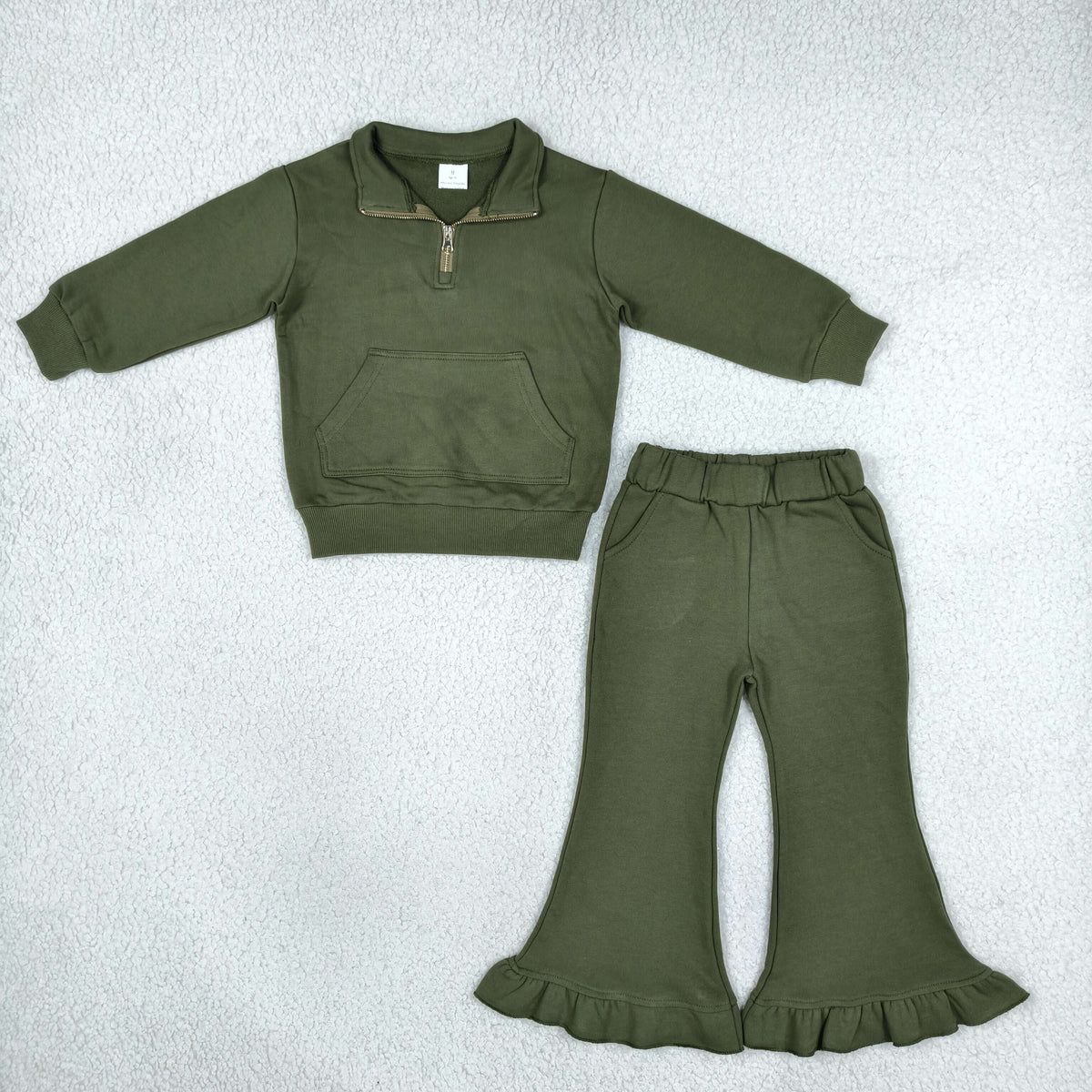 NO MOQ RTS GLP3492 Baby Girl Clothes Solid Olive Green Half Zip Long Sleeve Top Ruffle Flare Pant Outfit Set 202610
