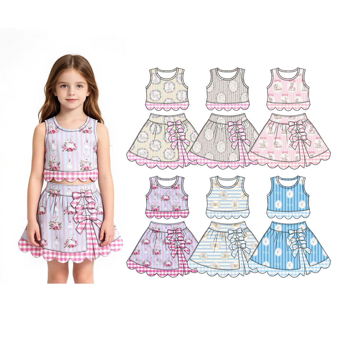 Preorder (moq 5) Baby Girl Clothes Easter Bunny Floral Pink Blue Stripe Print Sleeveless Top Skirt Set With Plaid Bow