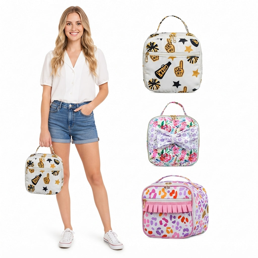NO MOQ RTS BA0309(5) Kids Bag Colorful Cow Print Pink Ruffle Portable Insulated Lunch Bag 202610