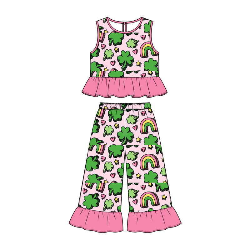 Preorder (moq 5) Baby Girl Clothes St Patrick Shamrock Rainbow Heart Mixed Print Sleeveless Ruffle Flare Pant Set