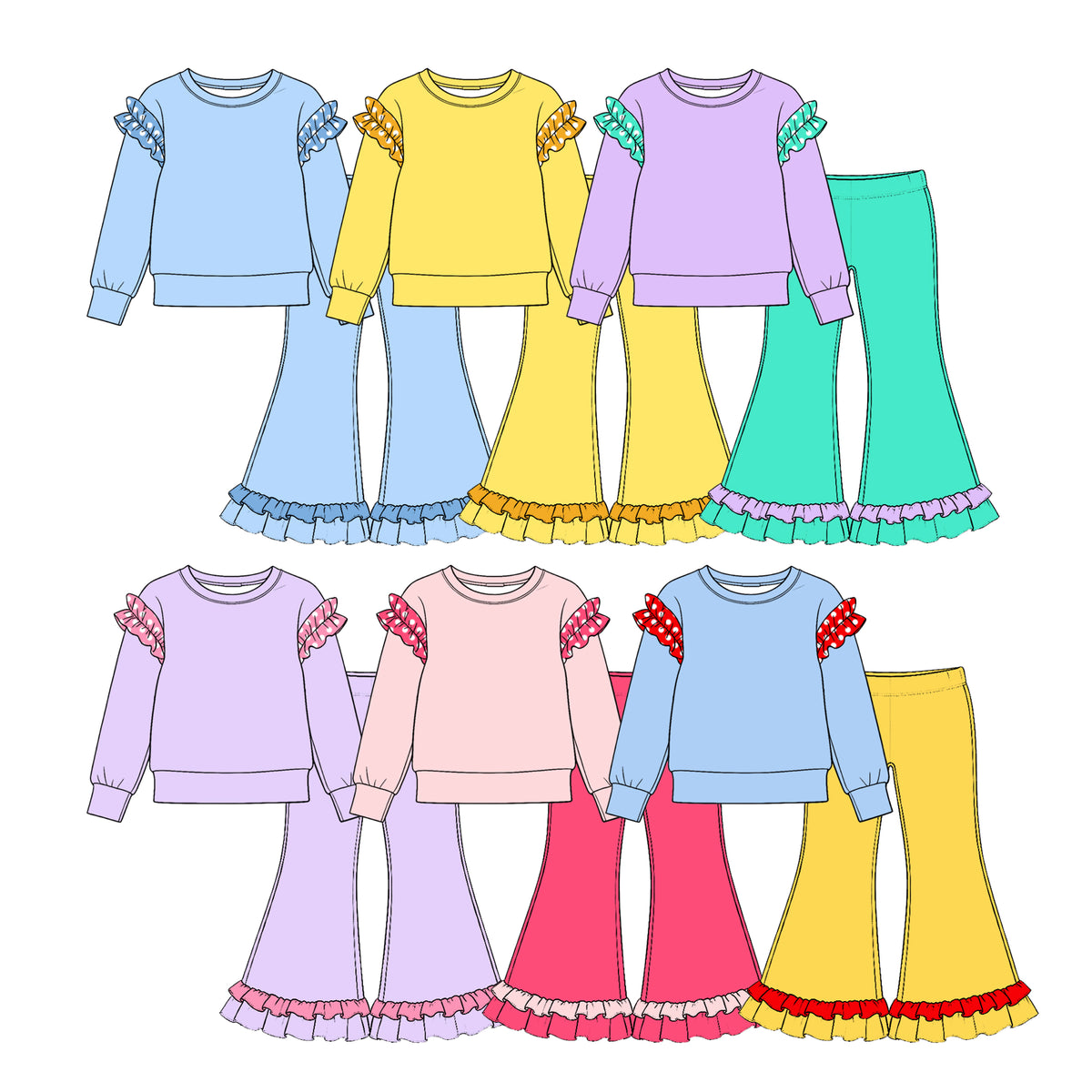 Preorder (moq 5) GLP4039 Baby Girl Clothes Solid Light Blue Print Long Sleeve Ruffle Flare Pant Set