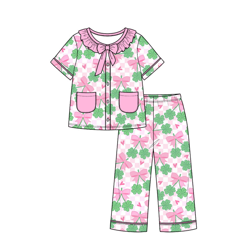 Preorder (moq 5) Girls St Patrick Pajamas Pink Checker Shamrock Bow Print Ruffle Collar Bow Short Sleeve Top Long Pants Set