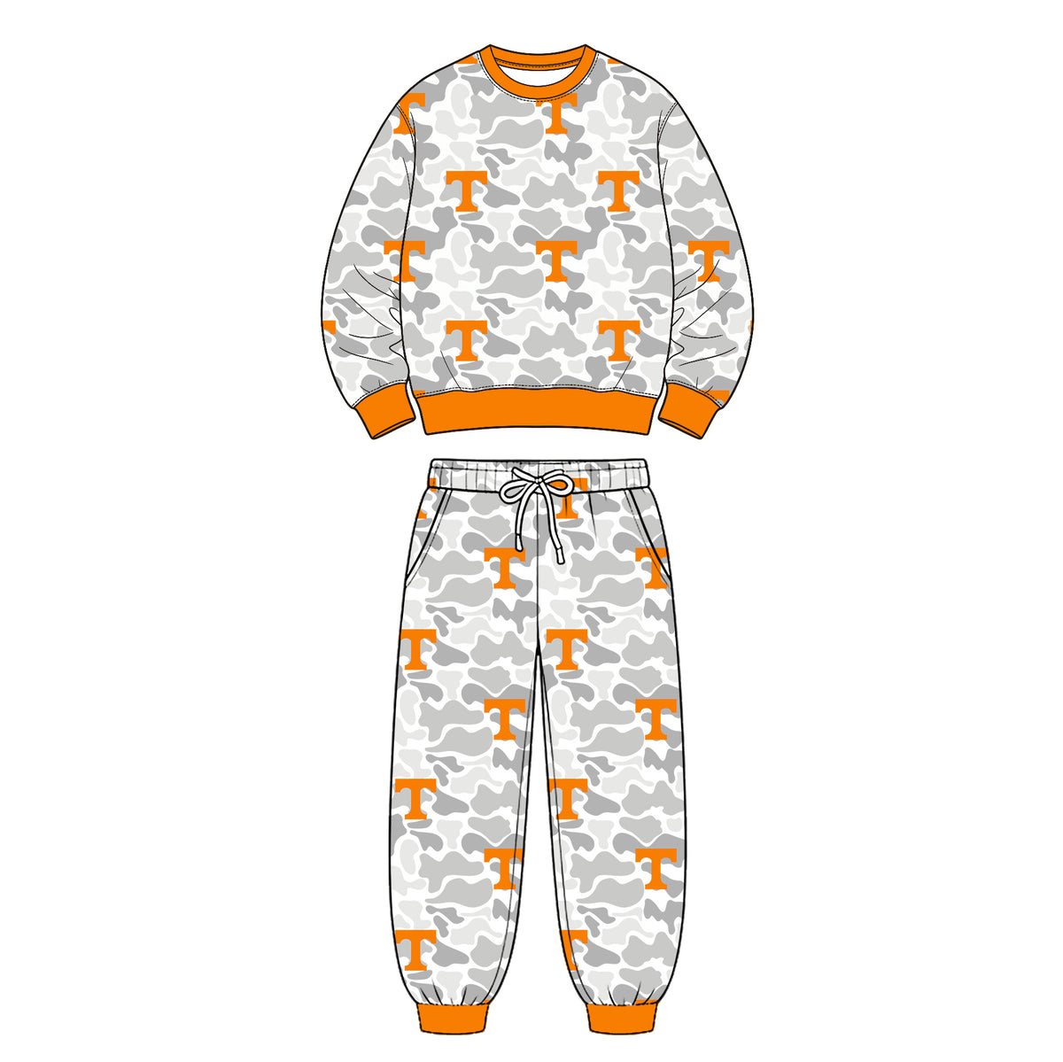 Preorder (moq 5) Tennessee Baby Clothes Grey Camo Logo Mixed Print Long Sleeve Sweatshirt Jogger Pants Outfit Set