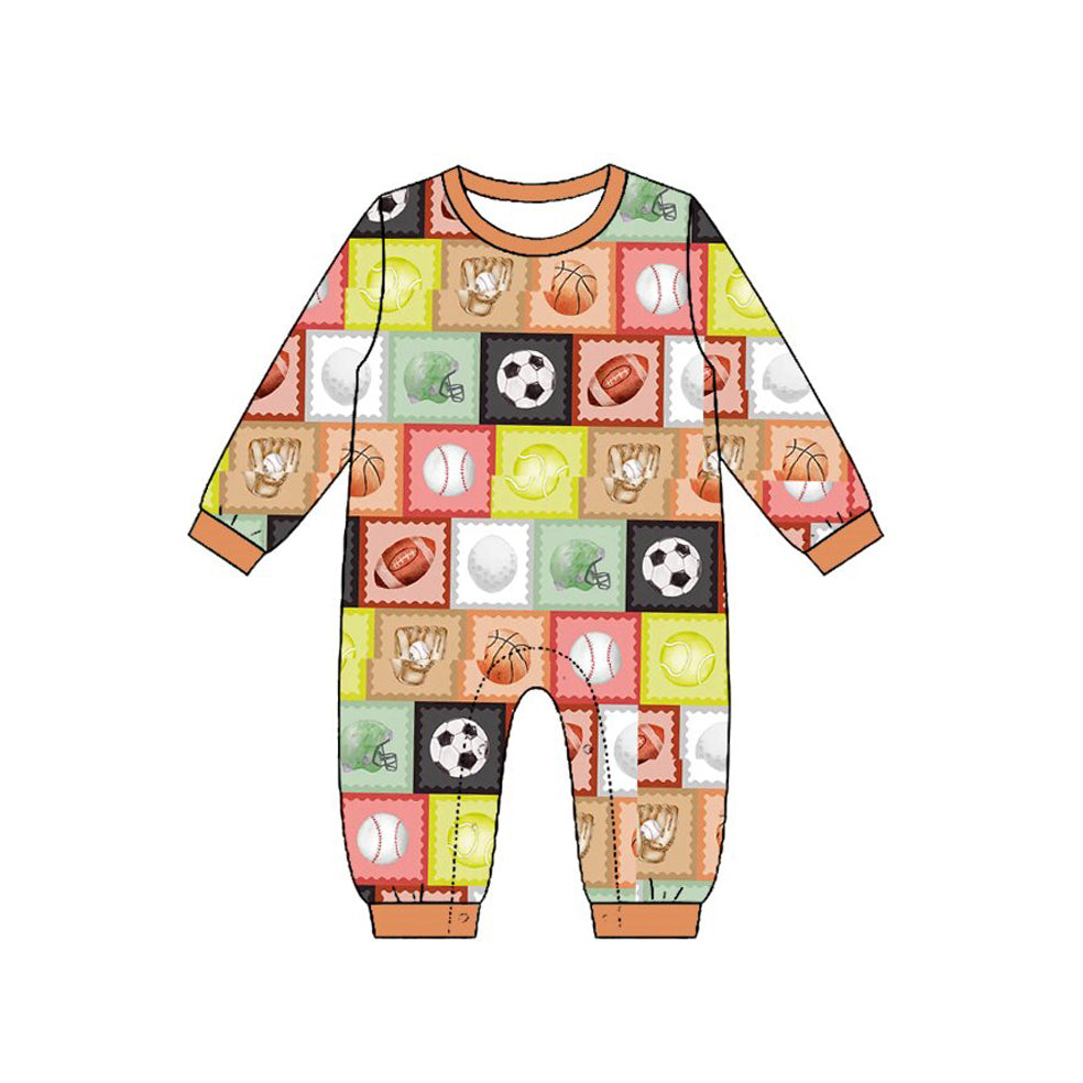 Preorder (moq 5) Baby Boy Clothes Multi Sport Ball Patchwork Print Long Sleeve Jumpsuit