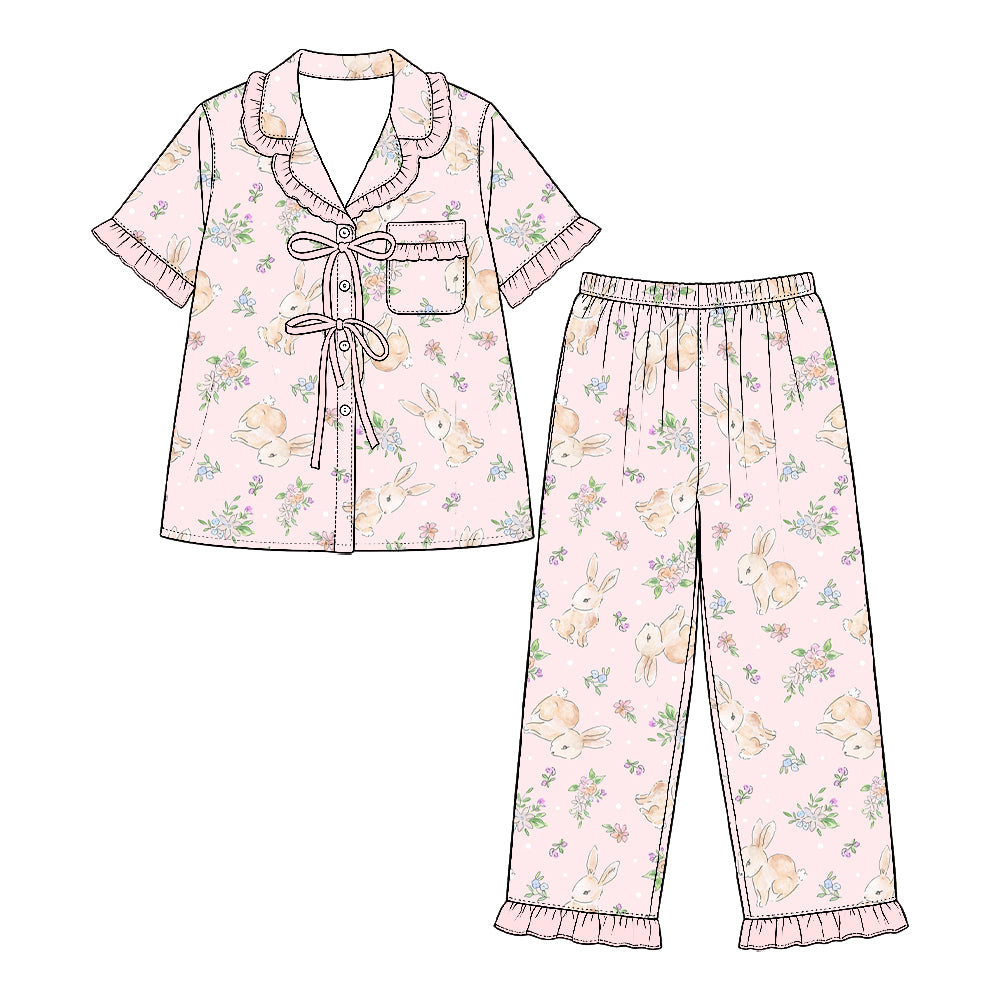 Preorder (moq 5) Baby Girl Clothes Easter Bunny Tiny Floral Mixed Print Short Sleeve Ruffle Pajama Set
