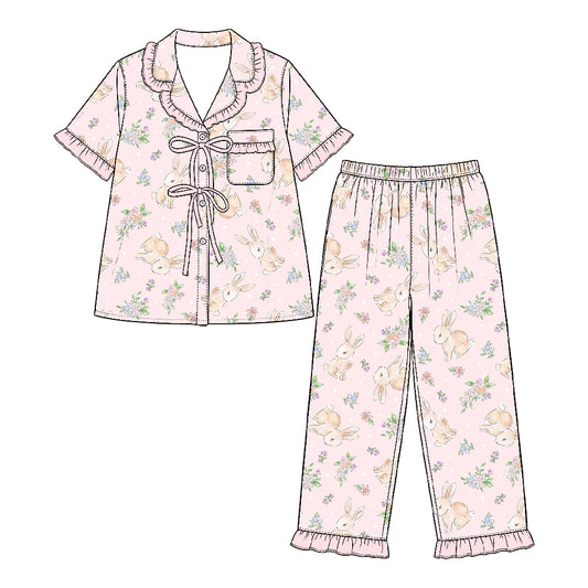 Preorder (moq 5) Baby Girl Clothes Easter Bunny Tiny Floral Mixed Print Short Sleeve Ruffle Pajama Set