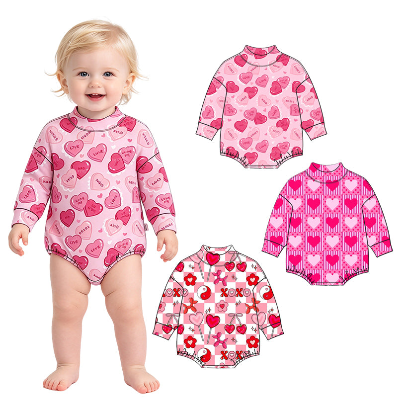 Preorder (moq 5) Baby Girl Clothes Valentine Stripe Polka Dot Patchwork Heart Print Long Sleeve Bubble Romper