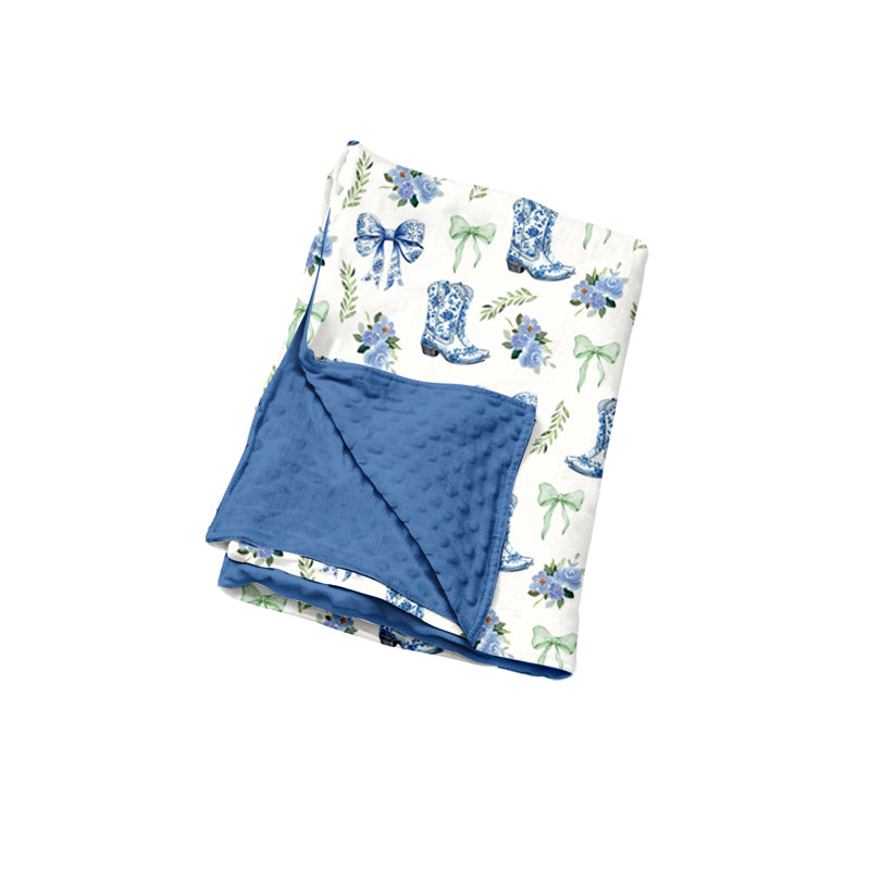 Preorder (moq 5) Baby Girl Clothes Blue Cowboy Boot Bow Floral Allover Print Double Sided Minky Baby Blanket