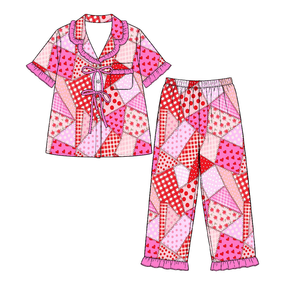 Preorder (moq 5) Baby Girl Clothes Valentine Patchwork Gingham Heart Print Short Sleeve Ruffle Pajama Set