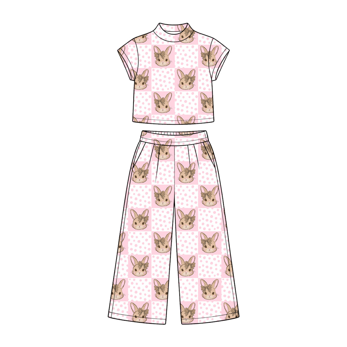 Preorder (moq 5) Baby Girl Clothes Easter Pink Polka Dot Check Bunny Bow Head Print Short Sleeve Wide Leg Pant Set
