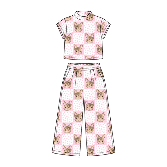 Preorder (moq 5) Baby Girl Clothes Easter Pink Polka Dot Check Bunny Bow Head Print Short Sleeve Wide Leg Pant Set