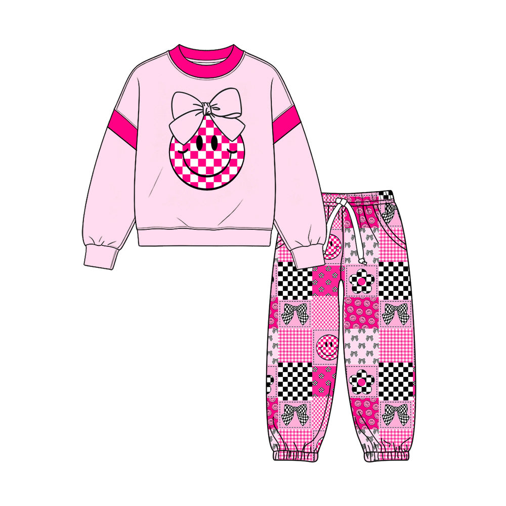 Preorder (moq 5) Baby Girl Clothes Bow Smile Gingham Patchwork Print Long Sleeve Sweatshirt Jogger Pant Set