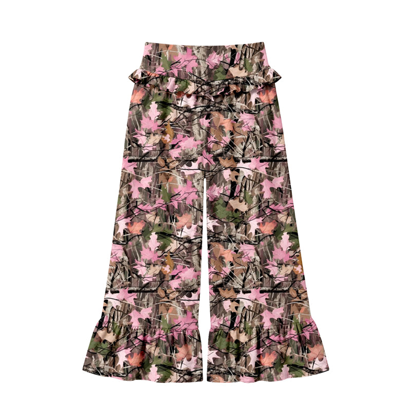 Preorder (moq 5) Women Clothes Pink Brown Leaf Camo Print Ruffle High Waist Flare Pant