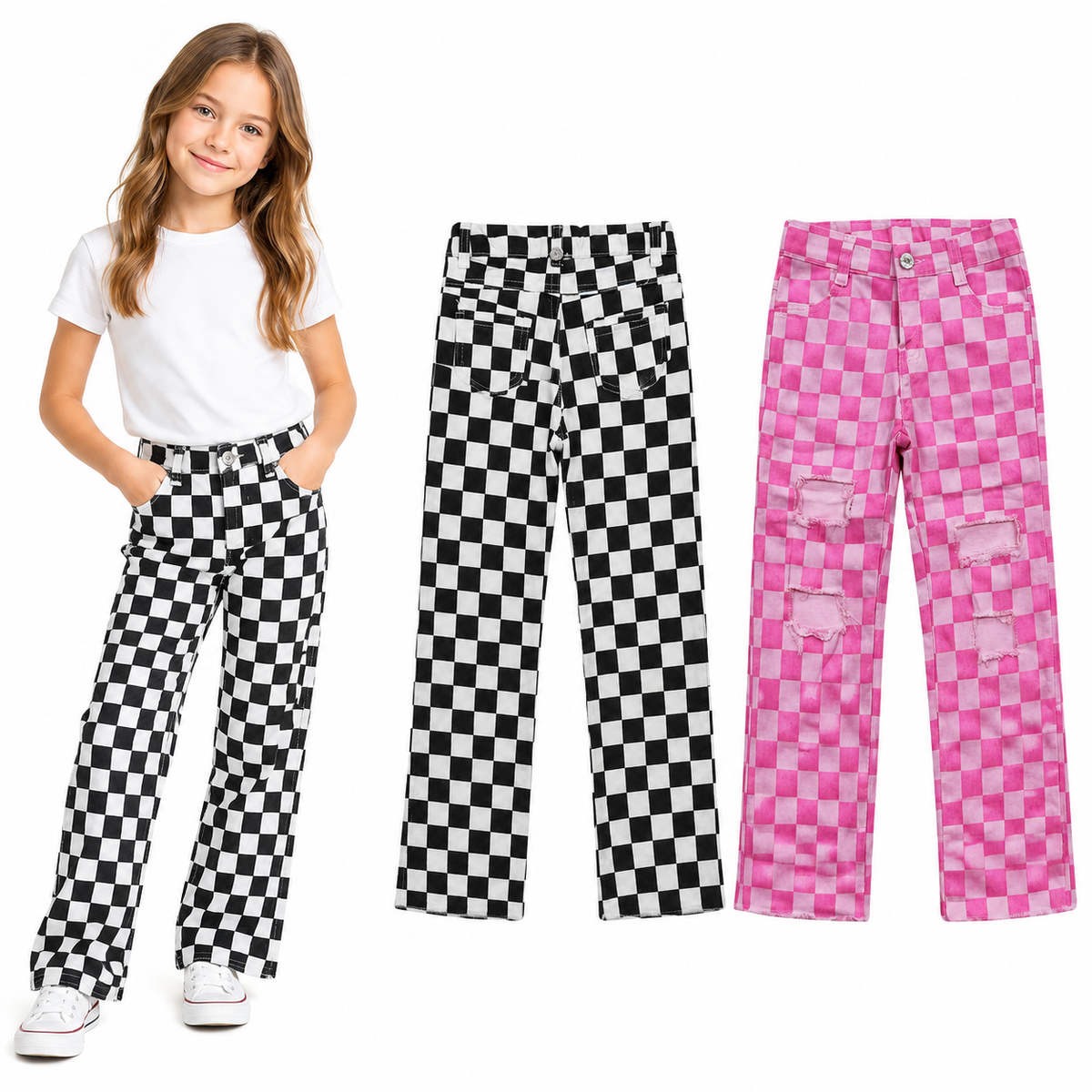 NO MOQ RTS P0096 Girl Clothes Pink Checkerboard Print Long Sleeve Ripped Flare Denim Pants 202610