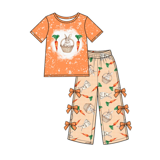 Preorder (moq 5) Baby Girl Clothes Easter Bunny Carrot Basket Gingham Mixed Print Short Sleeve Bow Wide Leg Pant Set