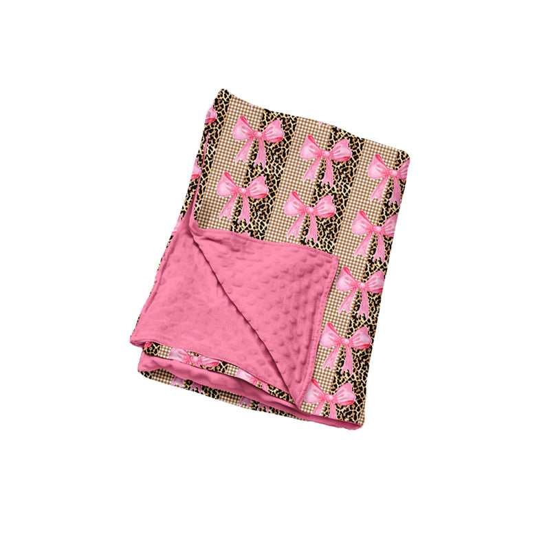 Preorder (moq 5) Baby Girl Leopard Gingham Pink Bow Mixed Print Minky Dot Backing Swaddle Blanket